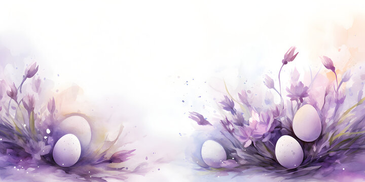 Purple watercolor illustratration with easter eggs, background with copy space