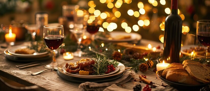 Italian New Year's Eve table with cotechino con lenticchie, red wine, and festive ambiance.