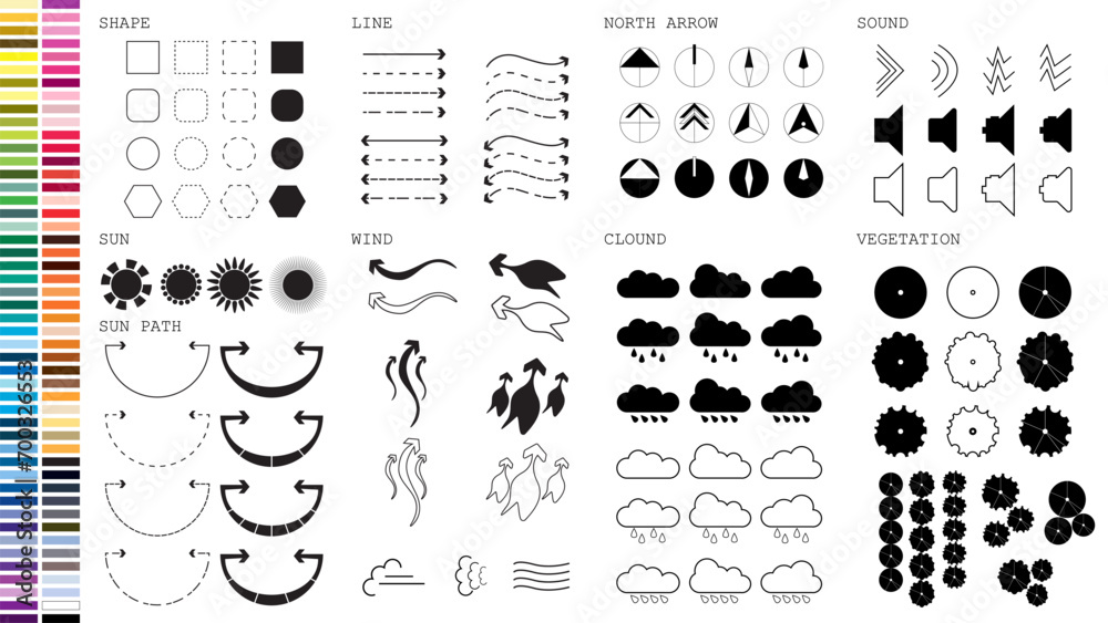Wall mural architecture site analysis symbol icon element drawing graphic flat isolated vector. architecture el