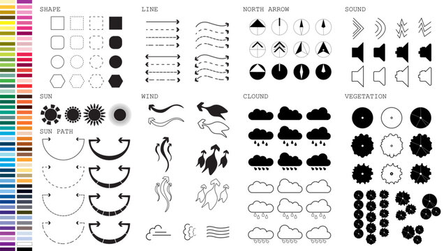 architecture site analysis symbol icon element drawing graphic flat isolated vector. architecture element line sun wind sound sun path vegetation. 