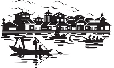 Naklejka premium Riverside Nostalgia Icon Vintage Emblematic Mark Vintage Riverfront Charm Black Vector Icon