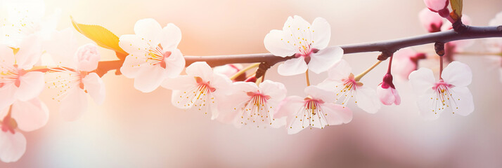 Cherry tree branch close up image. Panoramic view banner wallpaper