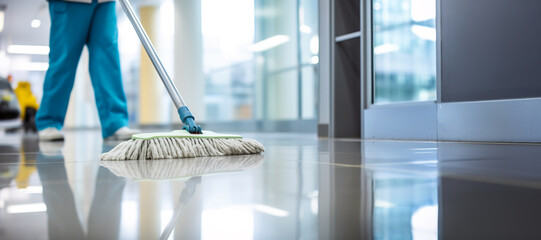 Close-up of a hospital cleaning staff using mop in floor hall
