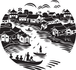 Rivers Edge Nostalgia Monochrome Emblem Old world Town by the River Iconic Symbol