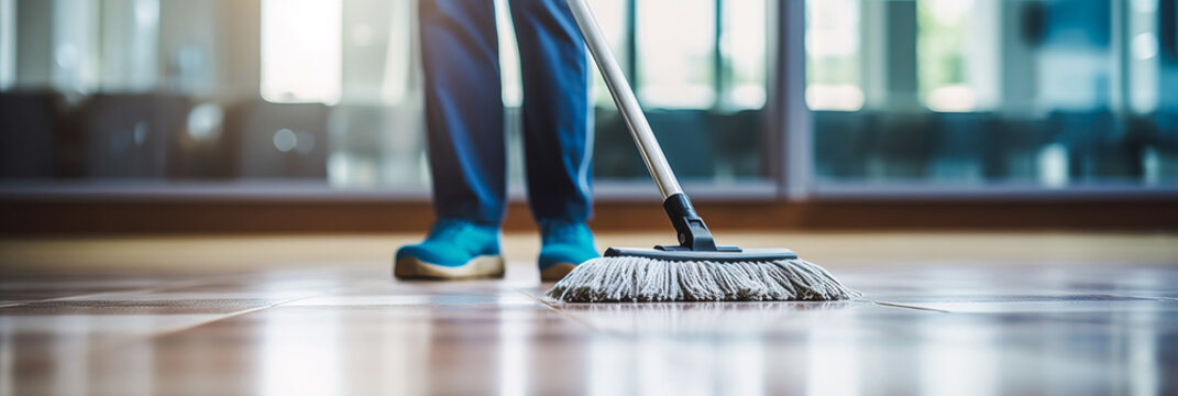 Mopping floor in the office. Cleaning service conceptual image