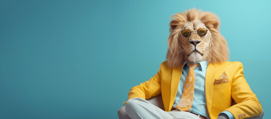 Bossy Lion in fashionable trendy outfit with hipster glasses and yellow business suit sitting in a Boss armchair. Creative animal concept banner. Isolated on pastel blue background.
