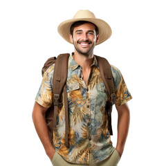 Male adventurer tourist posing over isolated transparent background