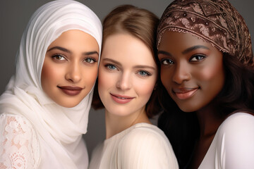Three gorgeous women of different ethnicities and nationalities. International Women's Day conceptual headshot portrait