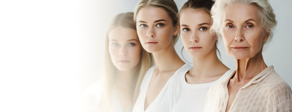 Women lineage with grand mother and grand daughter posing looking at camera. White backgorund with copy space