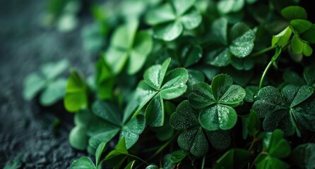 a bunch of clover leaves on a dark background - obrazy, fototapety, plakaty