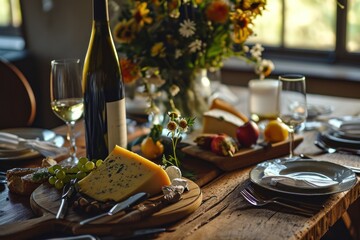 a bottle of white wine, cheese plates and flowers on the table - obrazy, fototapety, plakaty