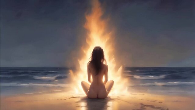 young woman looking at fire on a beach at night
