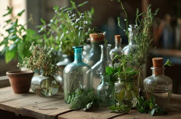a collection of herbs in bottles on the table