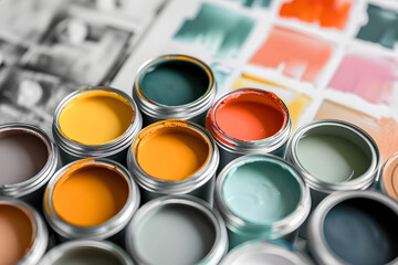 Tiny sample paint cans during house renovation, process of choosing paint for the walls, Peach Fuzz color of the year 2024, color charts on background