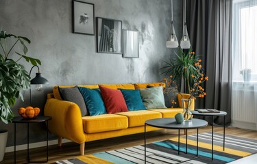 a gray living room with a yellow couch and colorful pillows