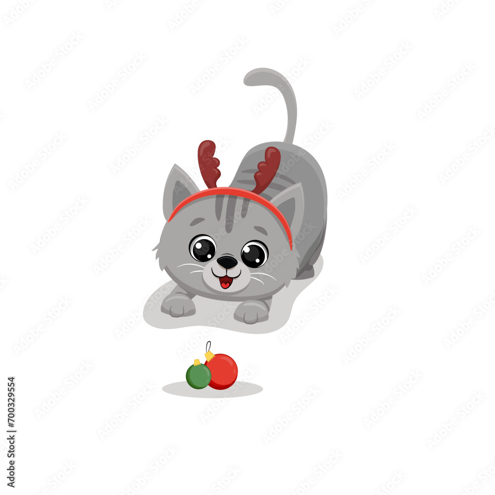 Wall mural cute grey cartoon cat looking at christmas balls isolated on a white background. christmas vector il