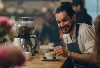 a smiling cafe employee serves coffee in front of the customers