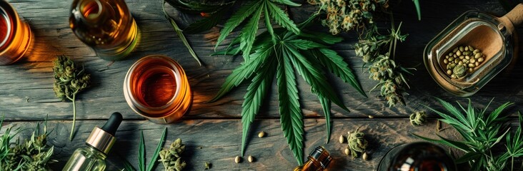 a variety of cbd oils with leaf and cannabis