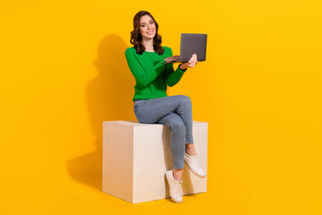 Full body photo of brunette curly hair woman working remote sit podium using netbook ecommerce seller isolated on yellow color background