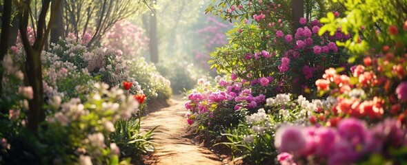 a pathway leads through a flower garden - obrazy, fototapety, plakaty