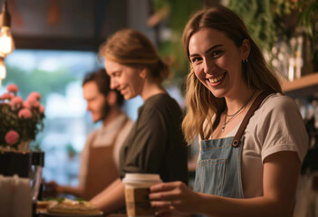a smiling cafe employee serves coffee in front of the customers - obrazy, fototapety, plakaty