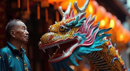 a man stands next to a colorful dragon to celebrate the new year