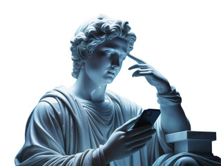 Antique marble statue thinking while looking at a phone. Transparent background PNG. - obrazy, fototapety, plakaty