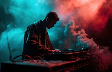 a man is playing music while the smoke from the music equipment