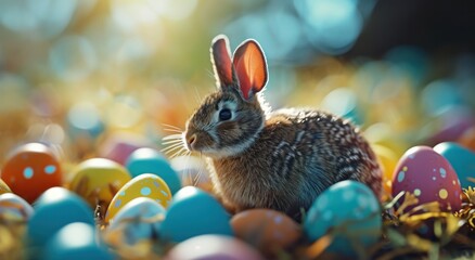 Fototapeta na wymiar a small bunny surrounded by colorful eggs