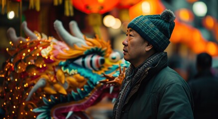 a man stands next to a colorful dragon to celebrate the new year