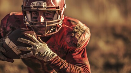 American football player running with the ball, close-up on hands gripping the pigskin.