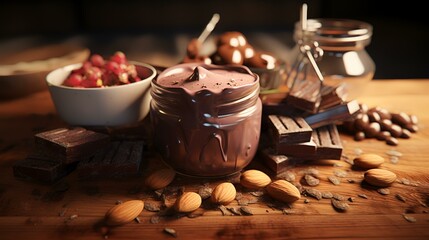Chocolate in a glass jar on a wooden table, closeup. Delicious dessert