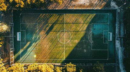 An aerial view of a soccer field with a ball at the penalty spot, creating a sense of anticipation. - obrazy, fototapety, plakaty