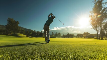 A golfer swinging the club on a sunny day, perfect grass and clear skies.