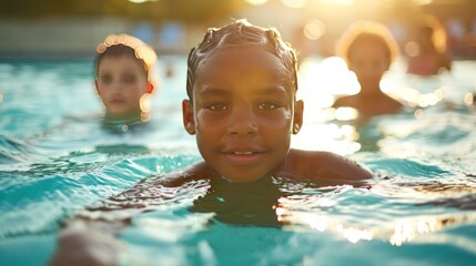 A group of children learning to swim in a pool, focusing on safety and fun.