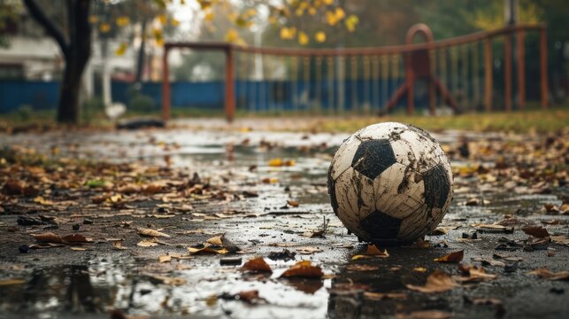 A deflated soccer ball in an old, forgotten playground, evoking a sense of nostalgia and lost childhood.