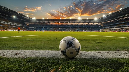A panoramic view of a soccer stadium at kickoff, with the ball at the center circle.