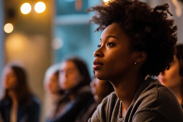 Obraz premium Close-up of a beautiful young afro woman looking away. Thoughtful black female with natural hair. Feminism and Women's Day