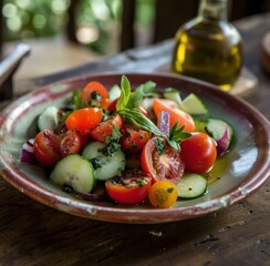 a simple salad, with olive oil, tomatoes and cucumbers