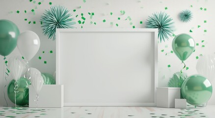 a white frame on the wall in front of green and white fireworks and confetti - obrazy, fototapety, plakaty