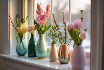 a window sill with vases of tulips and hyacinths