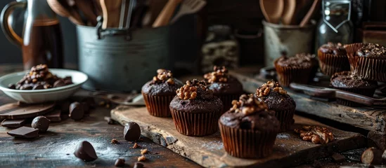 Poster Vintage dark kitchen countertop adorned with chocolate ganache and hazelnut-topped chocolate chip muffins. © TheWaterMeloonProjec
