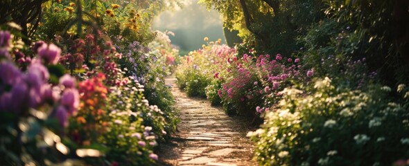 a pathway leads through a flower garden