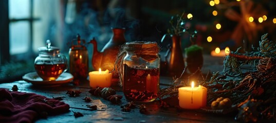 a jar with spiced tea near some candle and decorations