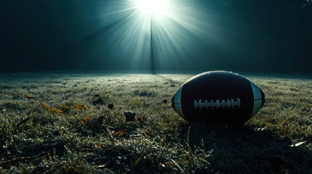 An American Football On A Kicking Tee At Night Under The Spotlight, Ready For The Kickoff.