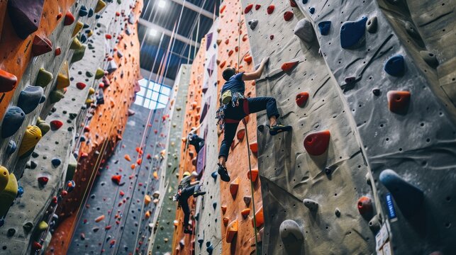 An indoor rock climbing competition with climbers scaling challenging routes.
