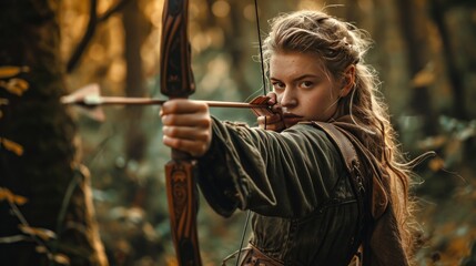 Fototapeta premium Female model as a fantasy elven ranger in an enchanted forest, mythical adventure and archery.
