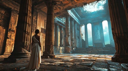 Female model as a Greek oracle in an ancient temple, mysticism and antiquity. - obrazy, fototapety, plakaty