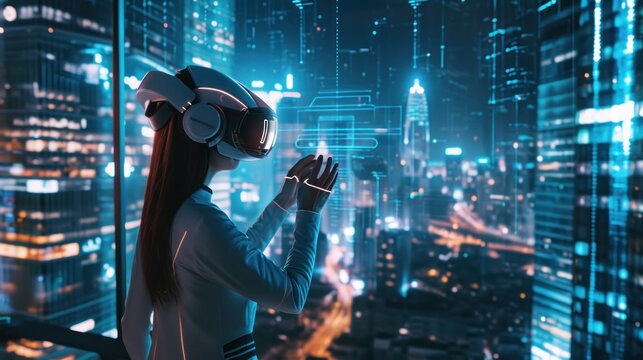 Female model as a futuristic city planner in a virtual reality environment, urban innovation and technology.
