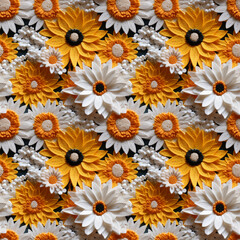 Hyper Realistic Crochet Blooming Yellow and White Sunflowers Seamless Pattern